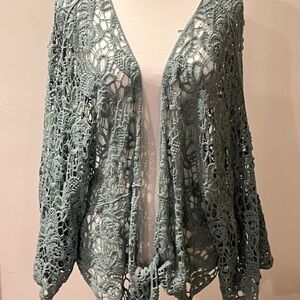 Sage green Crochet Open-Front Cardigan or Shawl.
